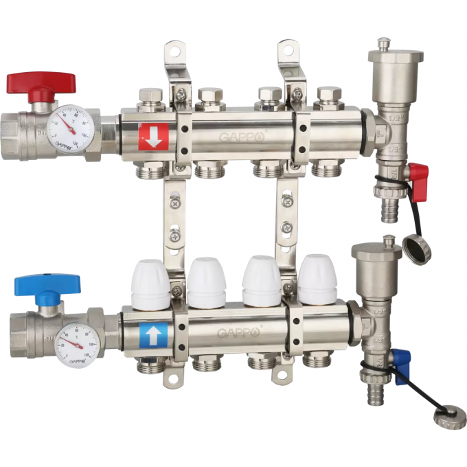 Коллектор регулируемый с запорными клапанами GAPPO 4-вых.x1"x3/4" G425.4